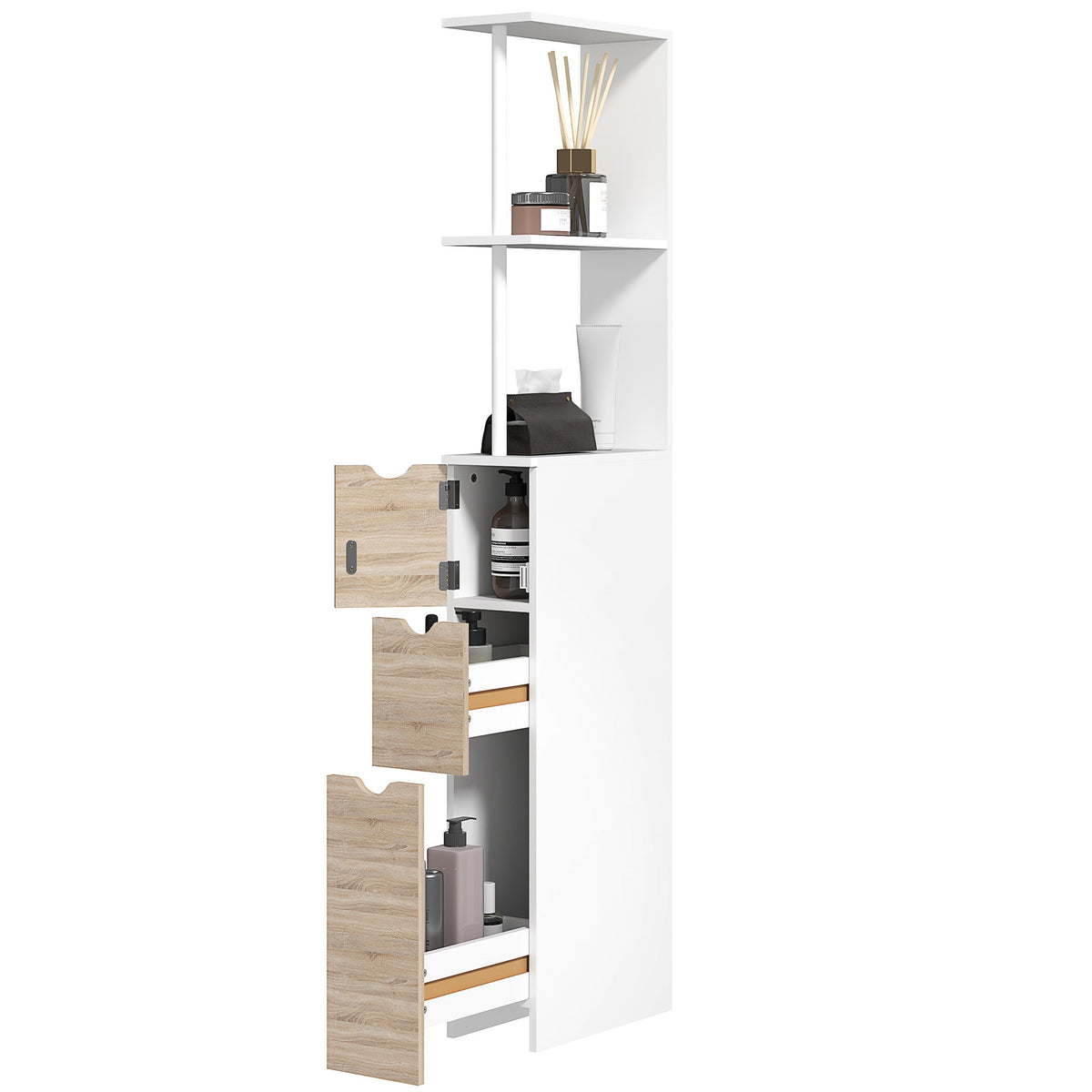 Tall Bathroom Storage Cabinet, Narrow Bathroom Cabinet with Drawers and Open Shelves for Small Spaces, White and Grey