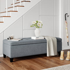 Rectangular Entry Bench, Tufted Upholstered Linen Fabric Wood Feet Storage Ottoman Bench, Beige