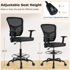 Mesh Drafting Chair Office Chair with Adjustable Armrests and Foot-Ring-Black