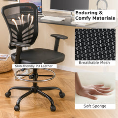 Mesh Drafting Chair Office Chair with Adjustable Armrests and Foot-Ring-Black