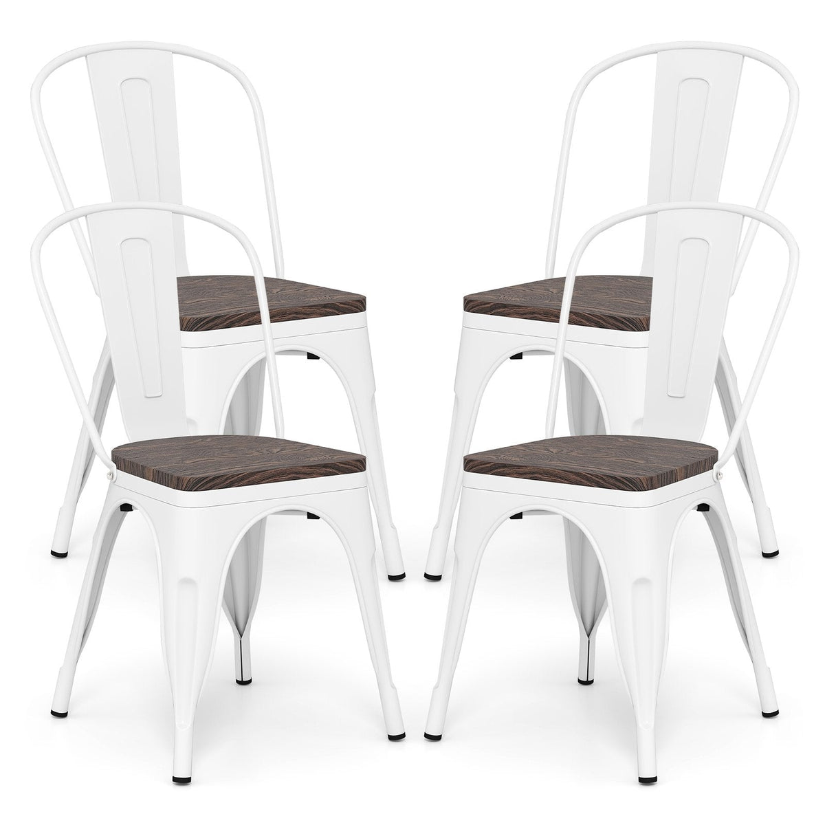 Set of 4 White Metal Stackable Dining Chairs with Elm Wood Seats and Detachable High Backs