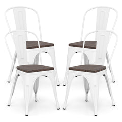 Set of 4 White Metal Stackable Dining Chairs with Elm Wood Seats and Detachable High Backs