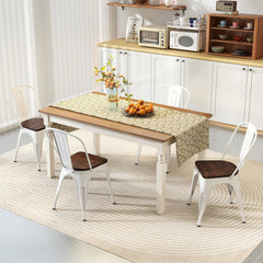 Set of 4 White Metal Stackable Dining Chairs with Elm Wood Seats and Detachable High Backs