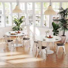 Set of 4 White Metal Stackable Dining Chairs with Elm Wood Seats and Detachable High Backs