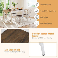 Set of 4 White Metal Stackable Dining Chairs with Elm Wood Seats and Detachable High Backs