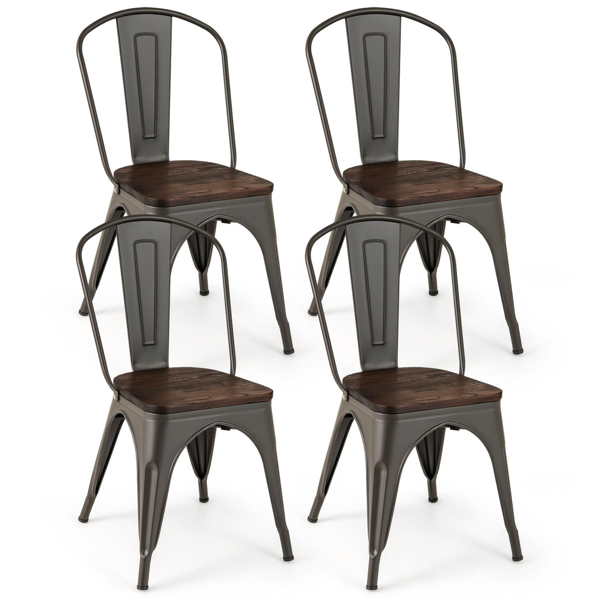 Set of 4 Gunmetal Cafe Dining Chairs, Stackable Metal with Elm Wood Seats and Curved High Backs