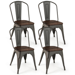 Set of 4 Gunmetal Cafe Dining Chairs, Stackable Metal with Elm Wood Seats and Curved High Backs