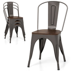 Set of 4 Gunmetal Cafe Dining Chairs, Stackable Metal with Elm Wood Seats and Curved High Backs
