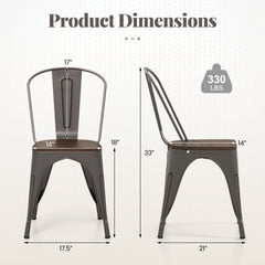 Set of 4 Gunmetal Cafe Dining Chairs, Stackable Metal with Elm Wood Seats and Curved High Backs