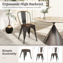 Set of 4 Gunmetal Cafe Dining Chairs, Stackable Metal with Elm Wood Seats and Curved High Backs