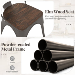 Set of 4 Gunmetal Cafe Dining Chairs, Stackable Metal with Elm Wood Seats and Curved High Backs