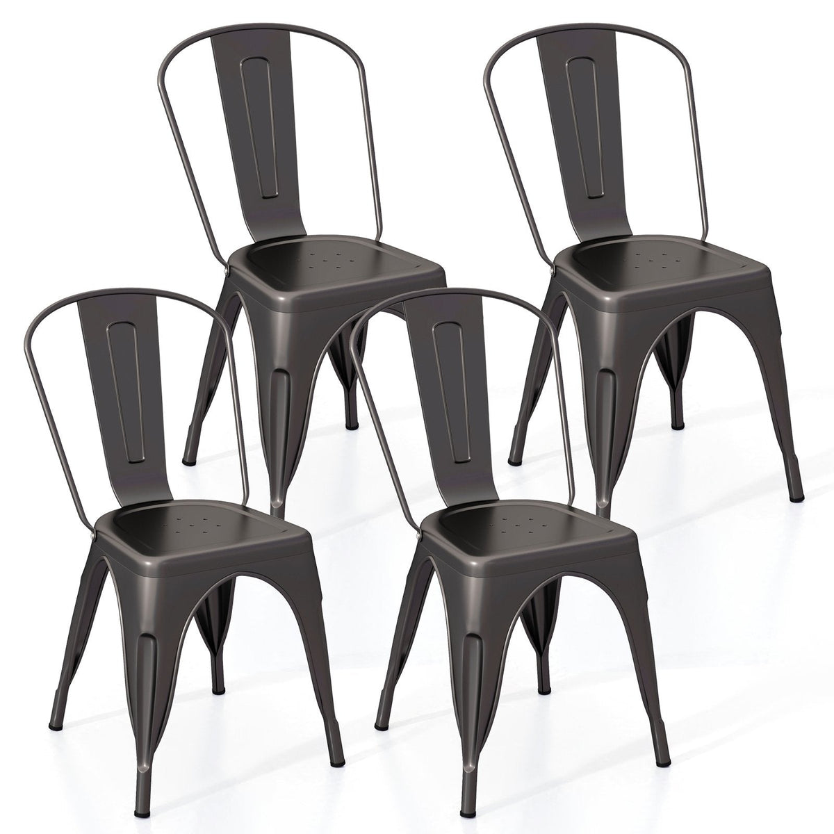 Set of 4 Gunmetal All Metal Stackable Dining Chairs with Removable Backrest and Drainage Holes