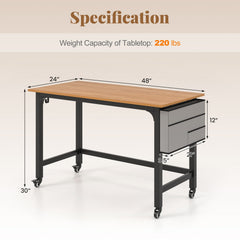 48 Inch Rolling Computer Desk with Heavy-duty Metal Frame for Home and Office-Natural