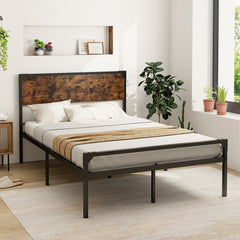 Full Size Metal Platform Bed with Rustic Wood Headboard and 20 Inch Footboard