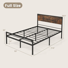Full Size Metal Platform Bed with Rustic Wood Headboard and 20 Inch Footboard