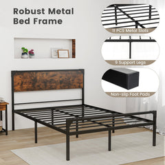 Full Size Metal Platform Bed with Rustic Wood Headboard and 20 Inch Footboard