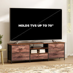 TV Stand for TVs up to 65 Inch, Industrial TV Console with Charging Station, 5 Drawers and Open Shelves, Rustic Brown