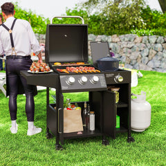 3 Burner Gas Grill with Side Burner, 9.5 KW Propane BBQ Grill, Cabinet Style with Shelves, Wheels, Instant Ignition
