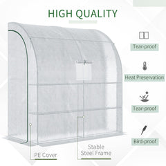 7' x 3' x 7' Outdoor Lean-to Walk-In Greenhouse w/ Roll-up Mesh Windows, Zipper Door and 3-Tier Shelves, White