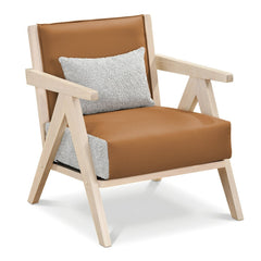 Mid-Century Modern Accent Chair Artificial Leather Sofa Chair with Rubber Wood Frame-Brown