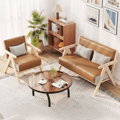 Mid-Century Modern Accent Chair Artificial Leather Sofa Chair with Rubber Wood Frame-Brown