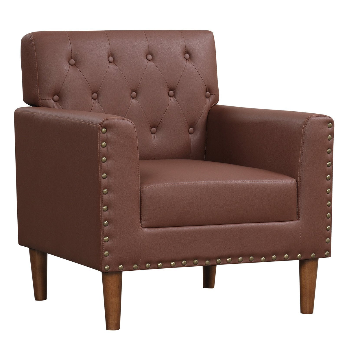 Mid Century Modern Accent Chair with Button Tufted Decoration and Rivets-Brown
