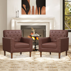 Mid Century Modern Accent Chair with Button Tufted Decoration and Rivets-Brown