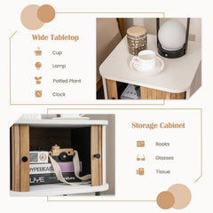 Mid Century Nightstand with Sliding Doors and Storage Cabinet, White
