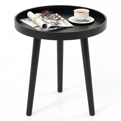 Mid Century Modern Round Side Sofa Coffee Table with Wooden Tray-Black