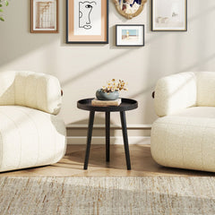 Mid Century Modern Round Side Sofa Coffee Table with Wooden Tray-Black