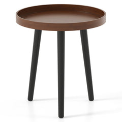 Mid Century Modern Round Side Sofa Coffee Table with Wooden Tray-Brown