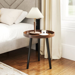 Mid Century Modern Round Side Sofa Coffee Table with Wooden Tray-Brown