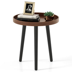 Mid Century Modern Round Side Sofa Coffee Table with Wooden Tray-Brown