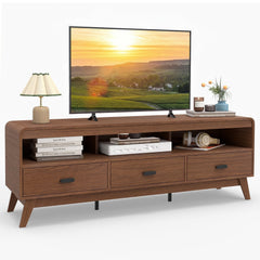 Mid Century Modern TV Stand for TVs up to 70 inches with 3 Storage Drawers and Open Shelves-Walnut