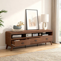 Mid Century Modern TV Stand for TVs up to 70 inches with 3 Storage Drawers and Open Shelves-Walnut