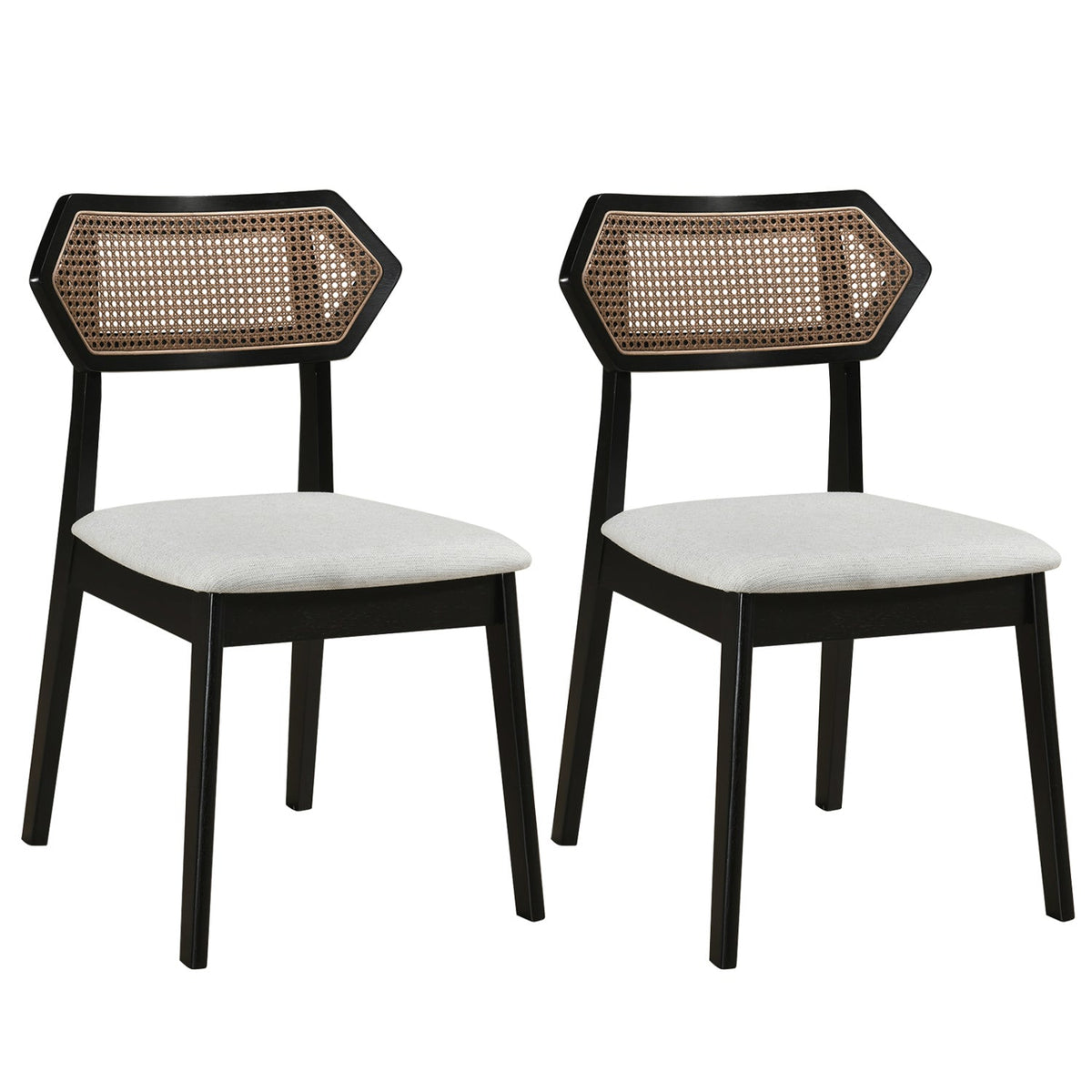 Set of 2 Mid Century Dining Chairs, Black Rubber Wood with Hexagonal Rattan Back and Grey Seat
