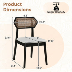 Set of 2 Mid Century Dining Chairs, Black Rubber Wood with Hexagonal Rattan Back and Grey Seat