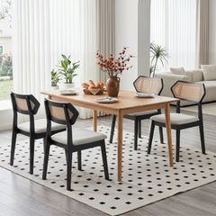 Set of 2 Mid Century Dining Chairs, Black Rubber Wood with Hexagonal Rattan Back and Grey Seat