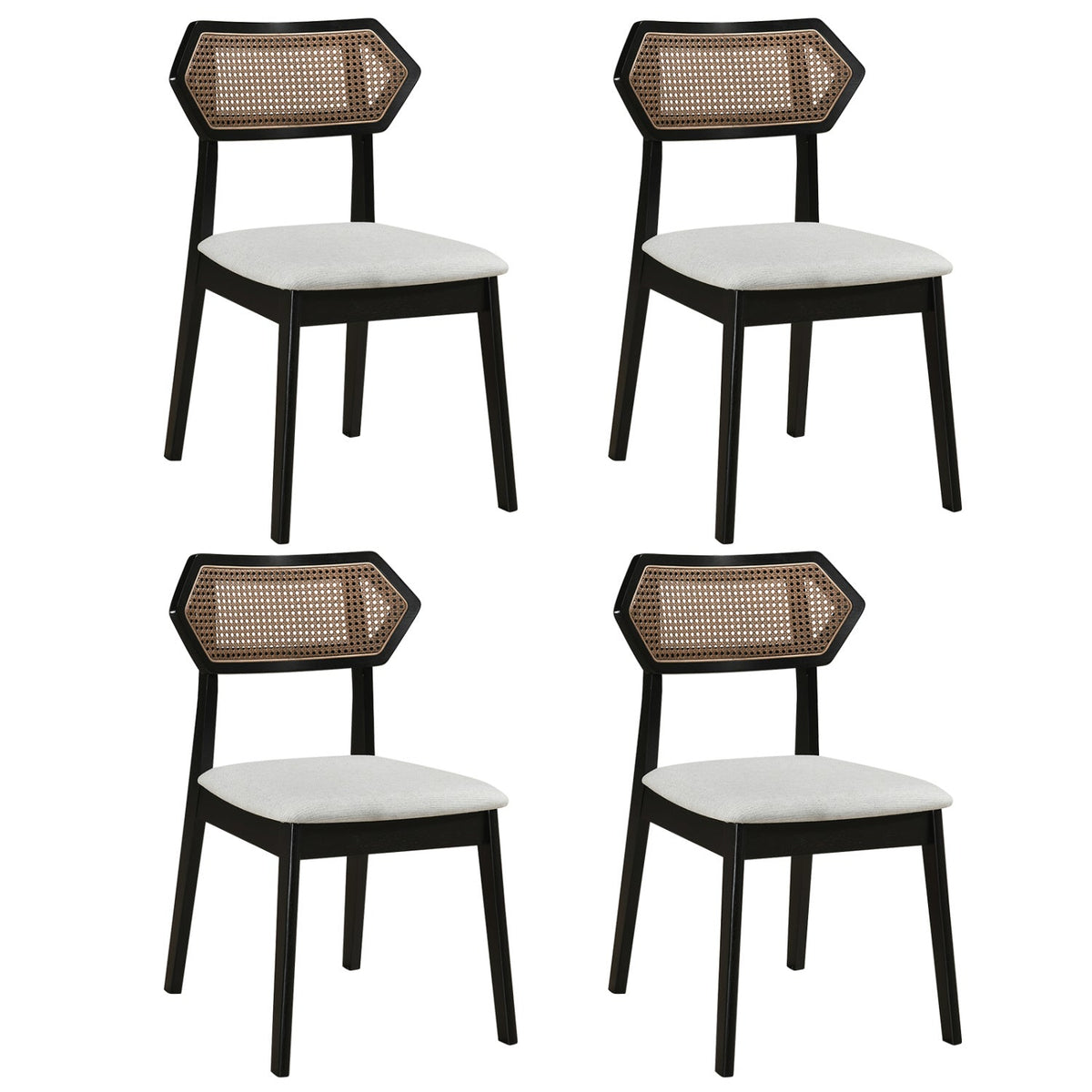 Set of 4 Mid Century Dining Chairs, Black Rubber Wood with Hexagonal Rattan Backs and Grey Seats