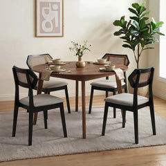 Set of 4 Mid Century Dining Chairs, Black Rubber Wood with Hexagonal Rattan Backs and Grey Seats