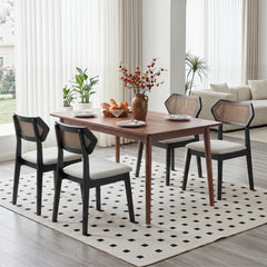 Set of 4 Mid Century Dining Chairs, Black Rubber Wood with Hexagonal Rattan Backs and Grey Seats