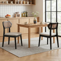 Set of 4 Mid Century Dining Chairs, Black Rubber Wood with Hexagonal Rattan Backs and Grey Seats