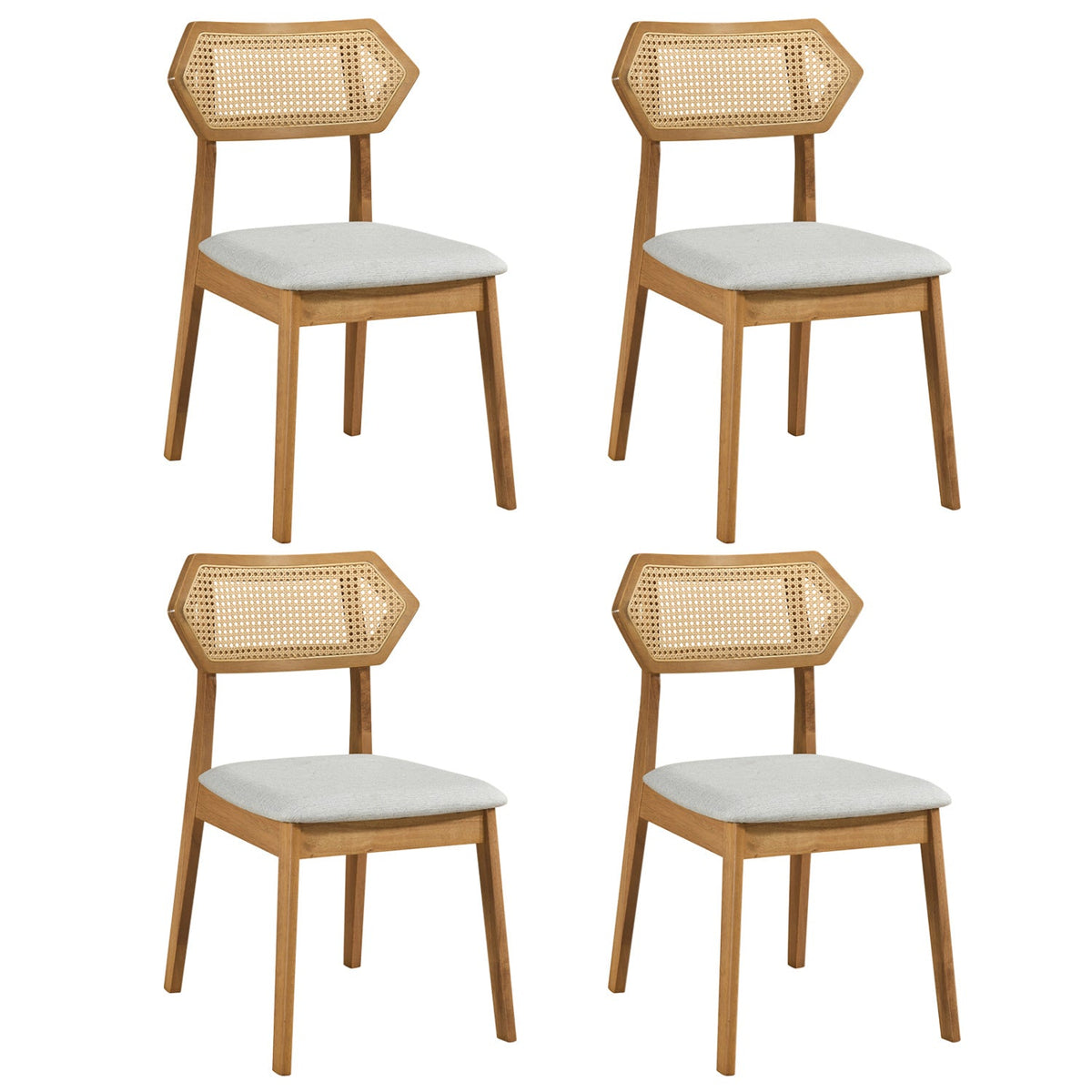 Set of 4 Mid Century Dining Chairs, Natural Rubber Wood with Hexagonal Rattan Backs and Grey Seats