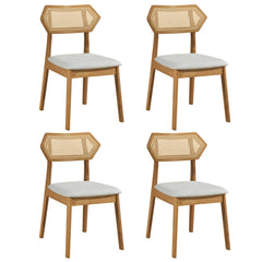 Set of 4 Mid Century Dining Chairs, Natural Rubber Wood with Hexagonal Rattan Backs and Grey Seats
