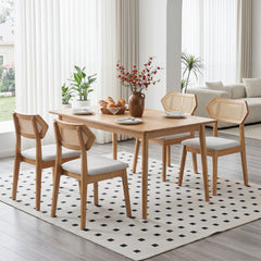 Set of 4 Mid Century Dining Chairs, Natural Rubber Wood with Hexagonal Rattan Backs and Grey Seats
