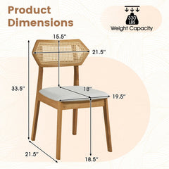 Set of 4 Mid Century Dining Chairs, Natural Rubber Wood with Hexagonal Rattan Backs and Grey Seats