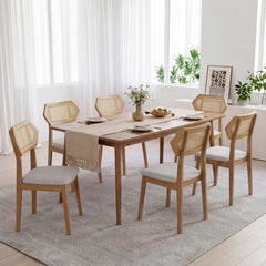 Set of 4 Mid Century Dining Chairs, Natural Rubber Wood with Hexagonal Rattan Backs and Grey Seats