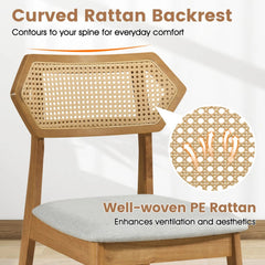 Set of 4 Mid Century Dining Chairs, Natural Rubber Wood with Hexagonal Rattan Backs and Grey Seats