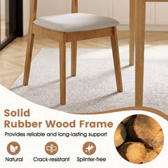Set of 4 Mid Century Dining Chairs, Natural Rubber Wood with Hexagonal Rattan Backs and Grey Seats