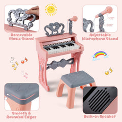 Mini Keyboard Piano for Kids 25 Keys Electric Piano with Stool for Toddlers 3+ Years Old-Pink